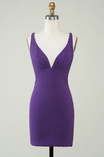 Stylish Deep V Neck Purple Short Formal Dress with Criss Cross Back